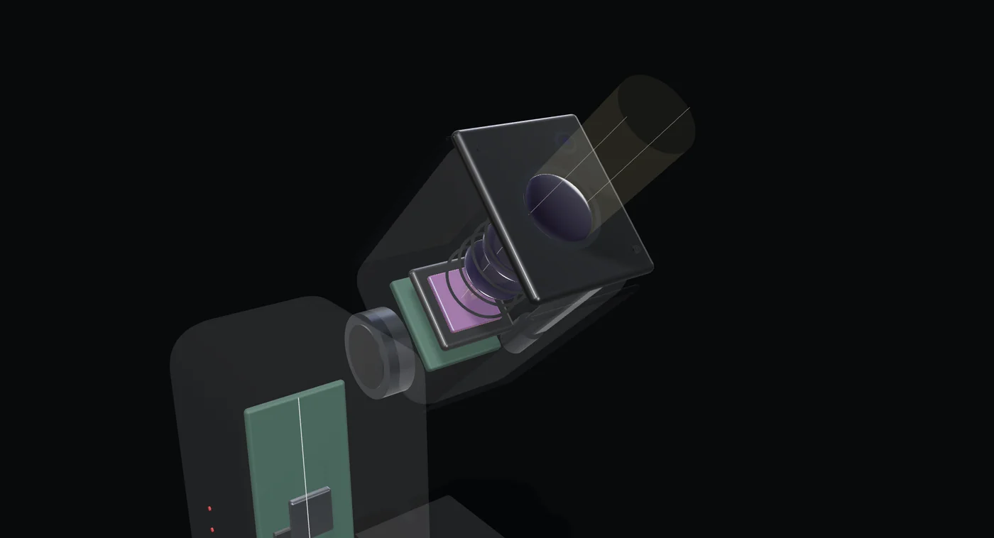 Close cutaway render of the Seestar camera: light enters the objective, passes through the lens elements and filter, and reaches the sensor